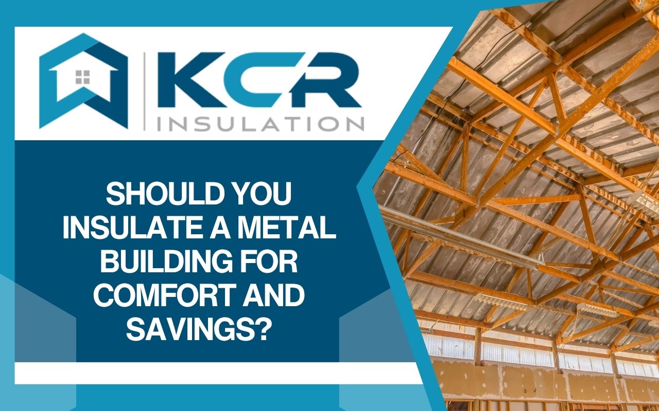 Spray foam insulation applied inside a large metal garage