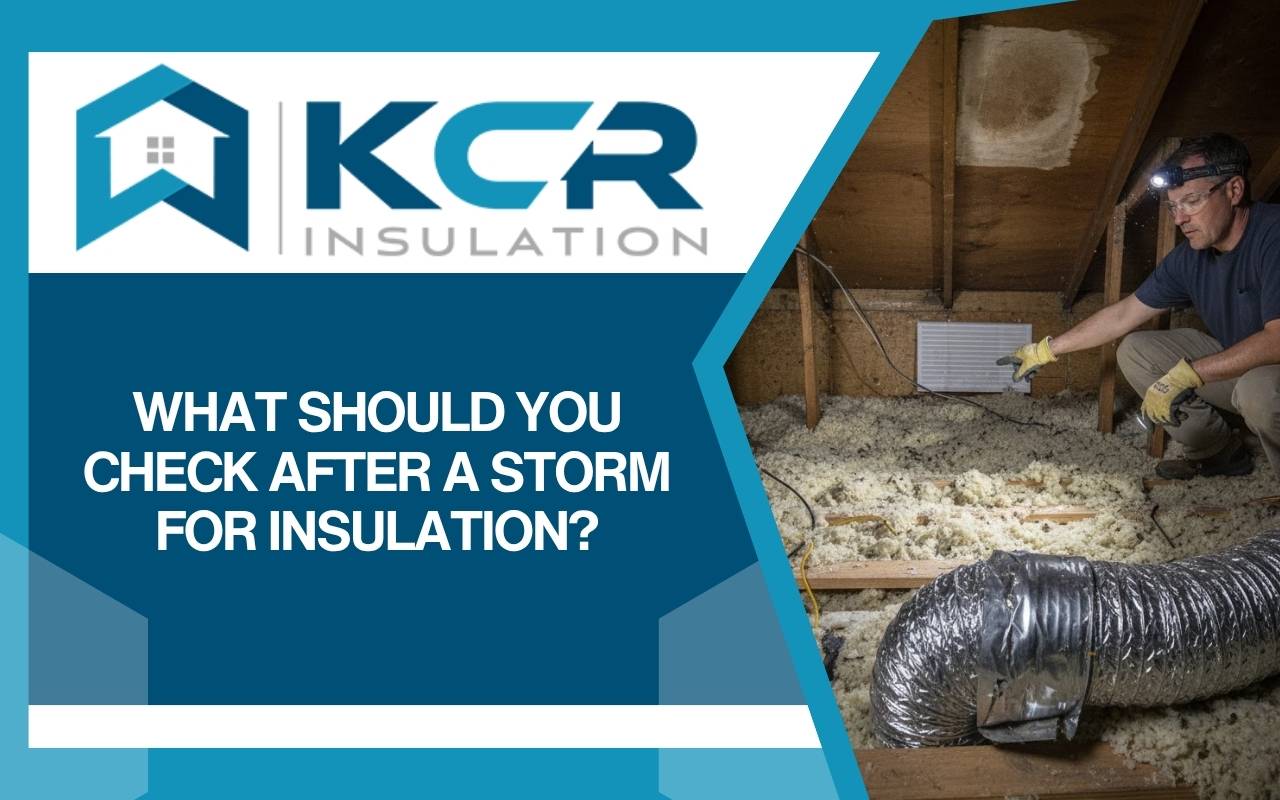 Home insulation maintenance in an attic with a technician checking for moisture intrusion after heavy rain