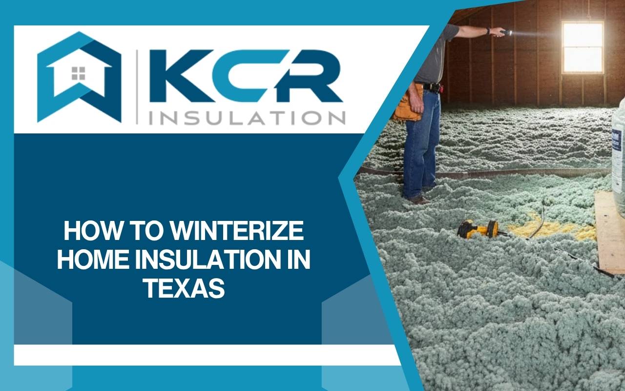 Technician checking attic insulation to winterize home insulation texas before a cold snap.